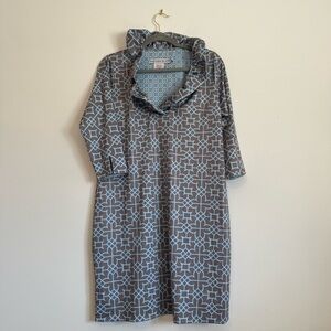 Gretchen Scott ruffle neck dress blue and gray pattern size xl